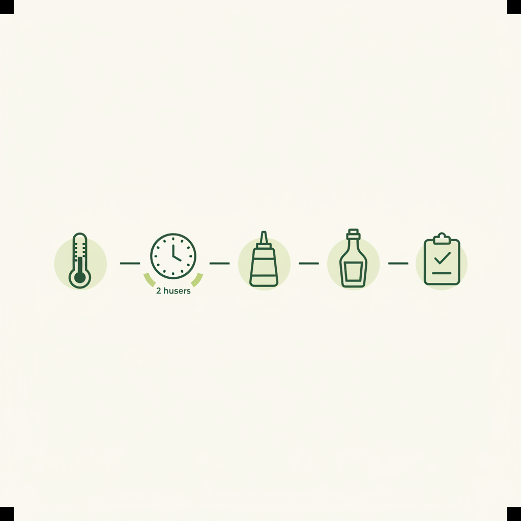 Minimalistische 2D-Vektor-Infografik mit Icons (Thermometer, Uhr bei 2 Uhr, Mayo, Essig, Checkliste) zur Illustration der Kartoffelsalat Haltbarkeit in Schnell Lecker Farben