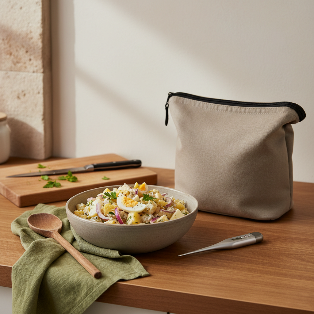 Schüssel mit Kartoffelsalat auf Holzküchenarbeitsplatte, Kühltasche und Thermometer daneben, minimalistisches warmes Küchenstillleben zur Darstellung von Kartoffelsalat Haltbarkeit