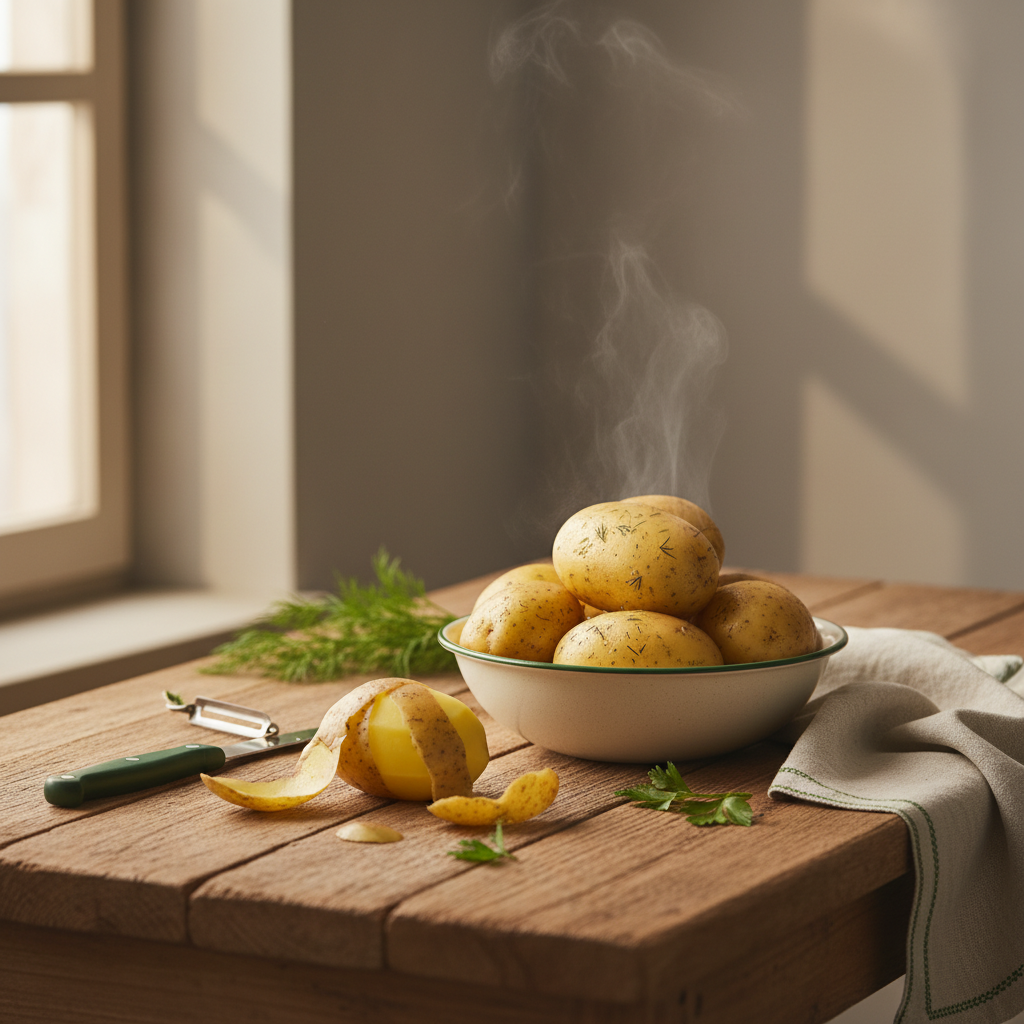 Frisch gekochte Pellkartoffeln beim Schälen auf rustikalem Tresen – Kartoffeln für Kartoffelsalat kochen mit dezenten grünen Kräuterakzenten.