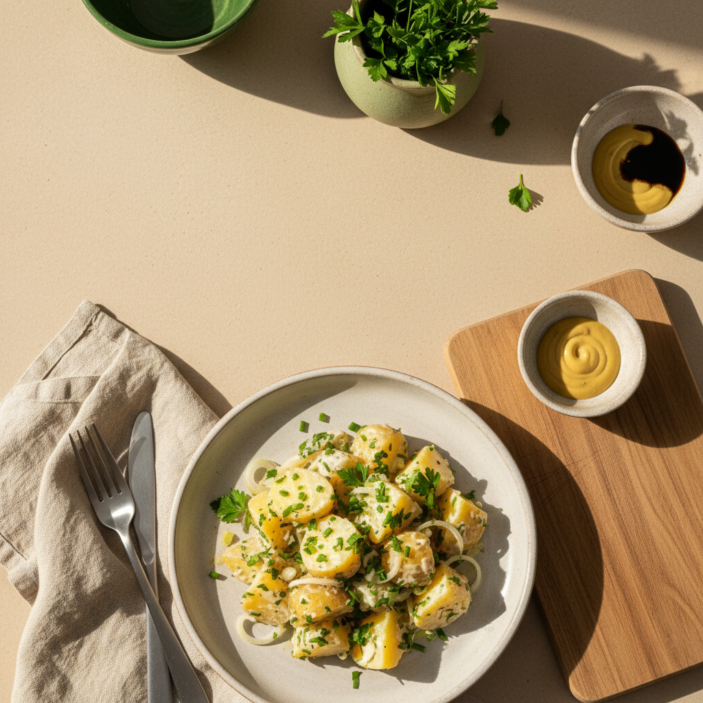 Kann man Kartoffelsalat mit Kartoffeln vom Vortag machen? Heimelige Vollbild-Küchenszene mit Teller Kartoffelsalat, Kräutern und rustikalem Besteck, Hintergrund #dbdbcf, Akzent #a5cd8d.