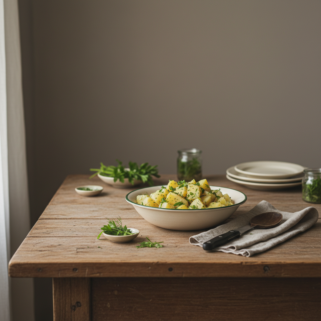 Kartoffelsalat mit Kartoffeln vom Vortag in schlichter, heimeliger europäischer Küche, Keramikschüssel mit frischen Kräutern, warmes Tageslicht, Hintergrund #dbdbcf, Akzente #a5cd8d/#21431f