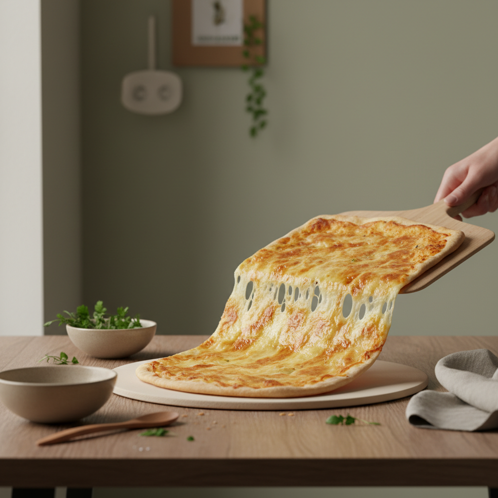 Nahaufnahme eines dünnen, goldbraunen Flammkuchens, mit Holzschaufel vom vorgeheizten Pizzastein gezogen – Ofentemperatur Flammkuchen, warmes heimisches Küchenambiente.