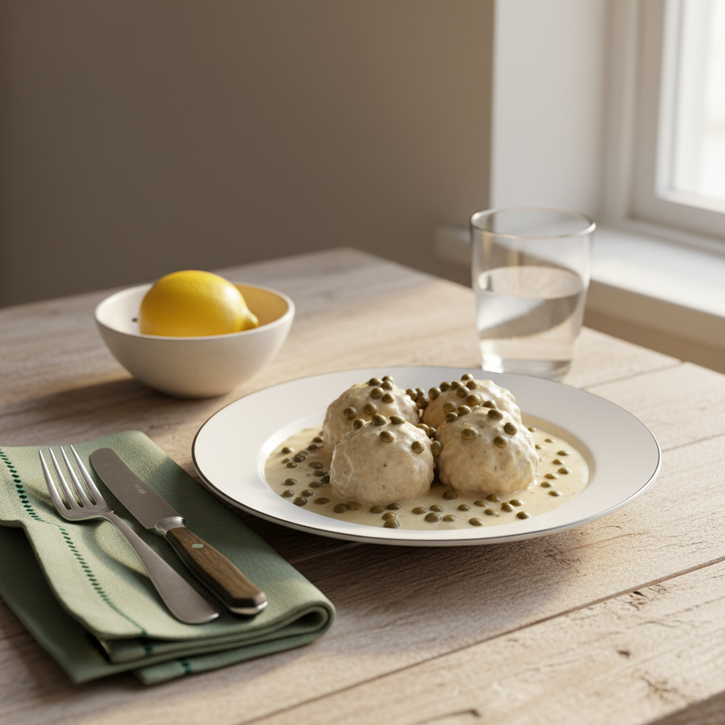 Vollbild eines Porzellantellers mit Kapern in Königsberger Klopse, cremige Sauce, minimalistische Tischszenerie auf Hintergrund #dbdbcf mit Akzent #a5cd8d