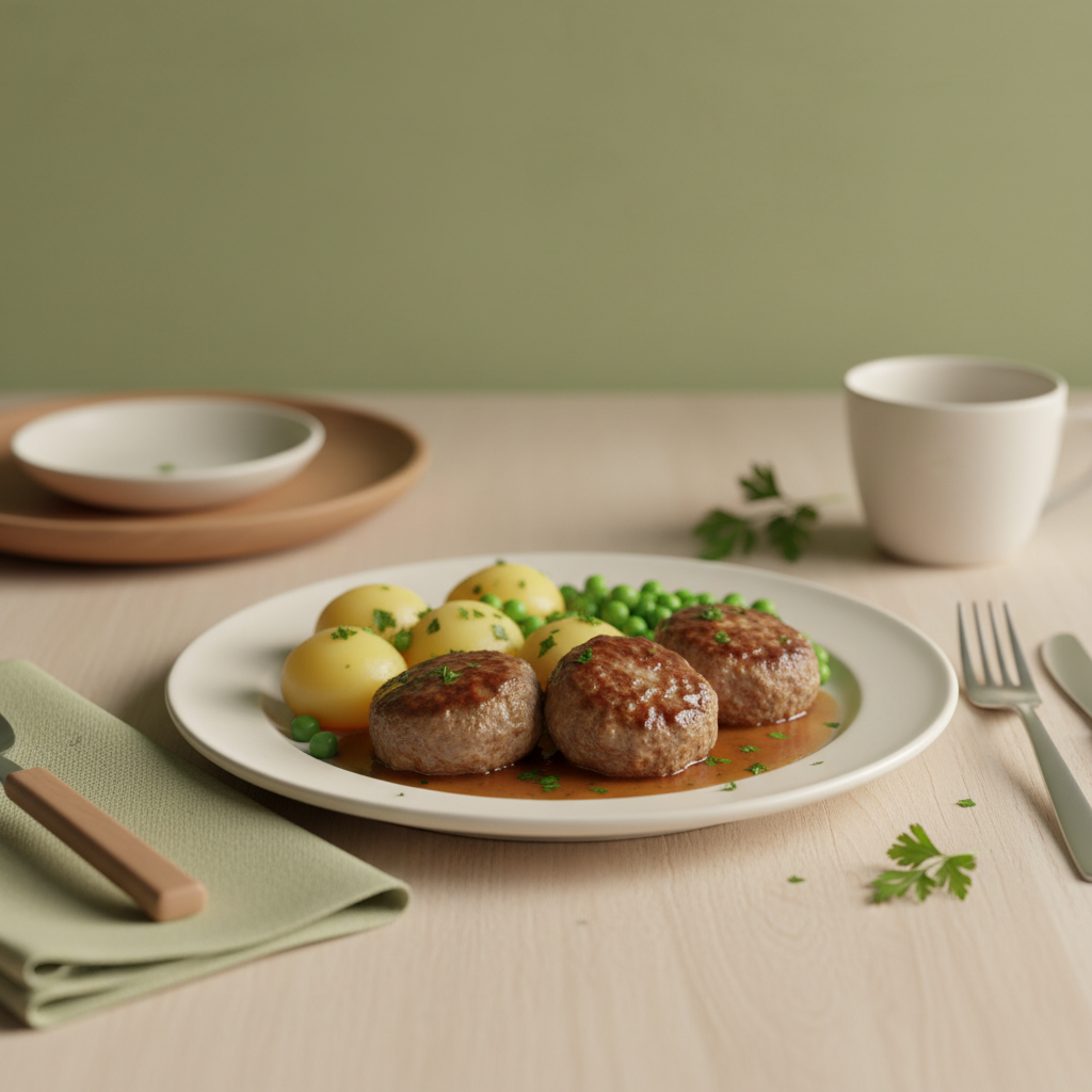 Was heißt Klopse auf Englisch: Teller mit Klopsen, Kartoffeln und Erbsen in heimischer europäischer Küche, warmer Hintergrund #dbdbcf, Akzent #a5cd8d, Details #21431f