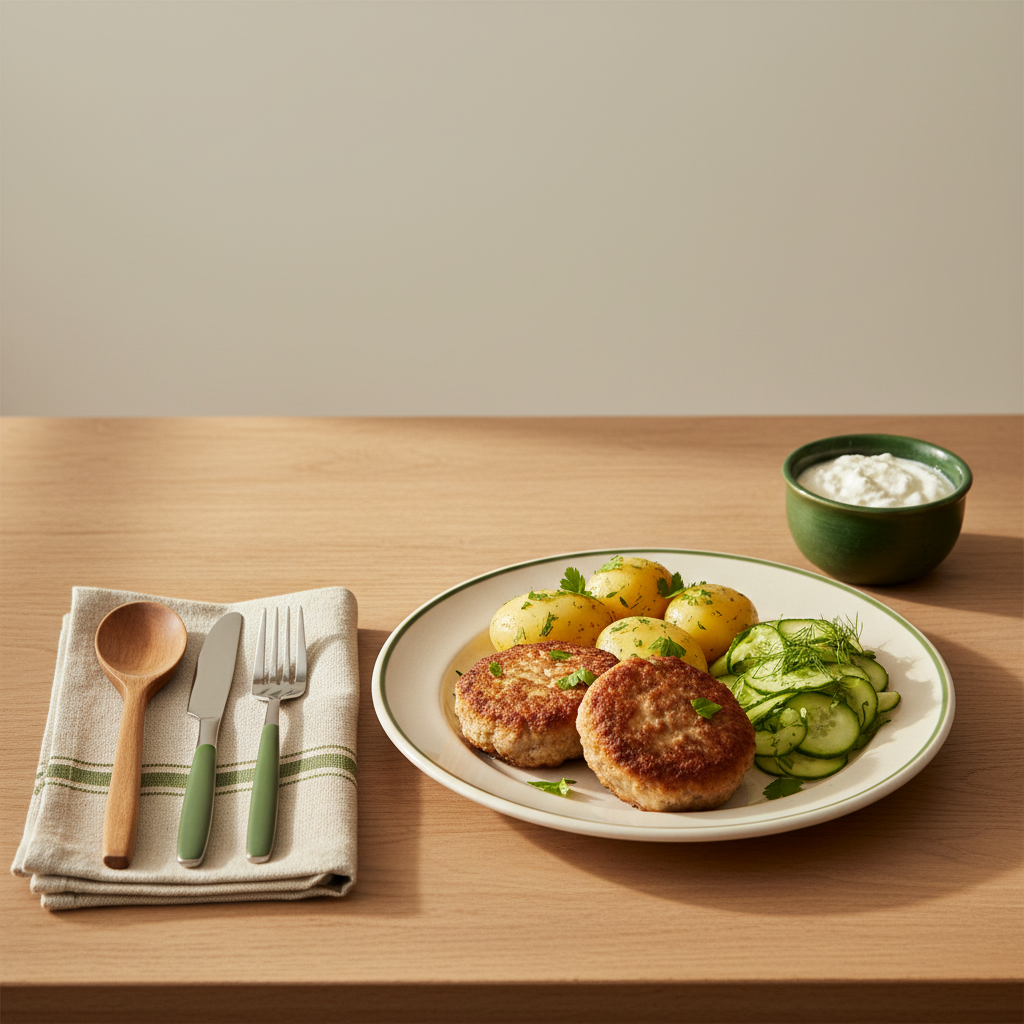 Gedeckter Teller mit hausgemachten Buletten, Kartoffeln und Gurkensalat in warmer, minimalistischer Küche – Wie heißen Buletten in Thüringen