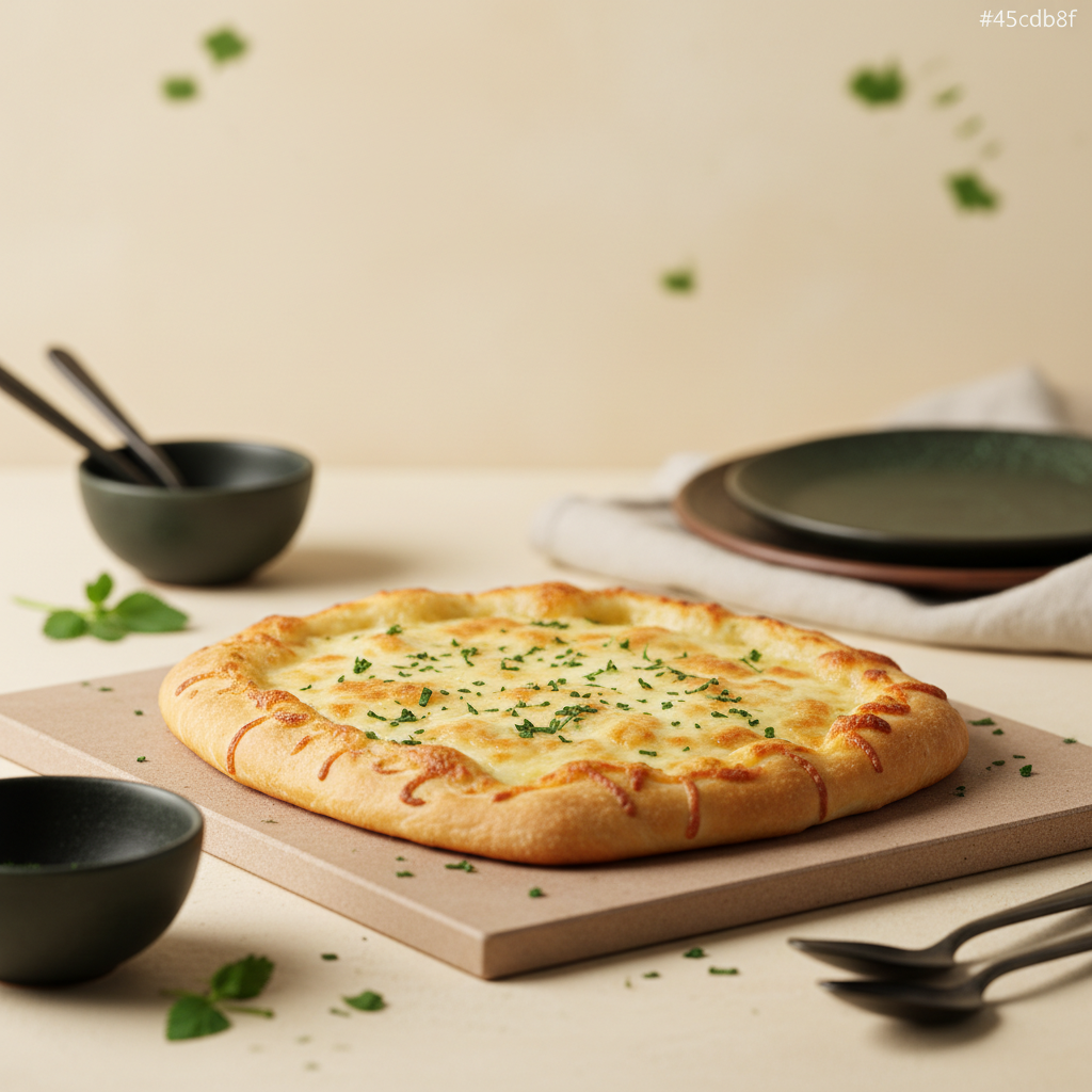 Nahaufnahme eines frisch gebackenen Flammkuchens mit geschmolzenem Käse für Flammkuchen und grünen Kräutern auf vorgeheiztem Backstein