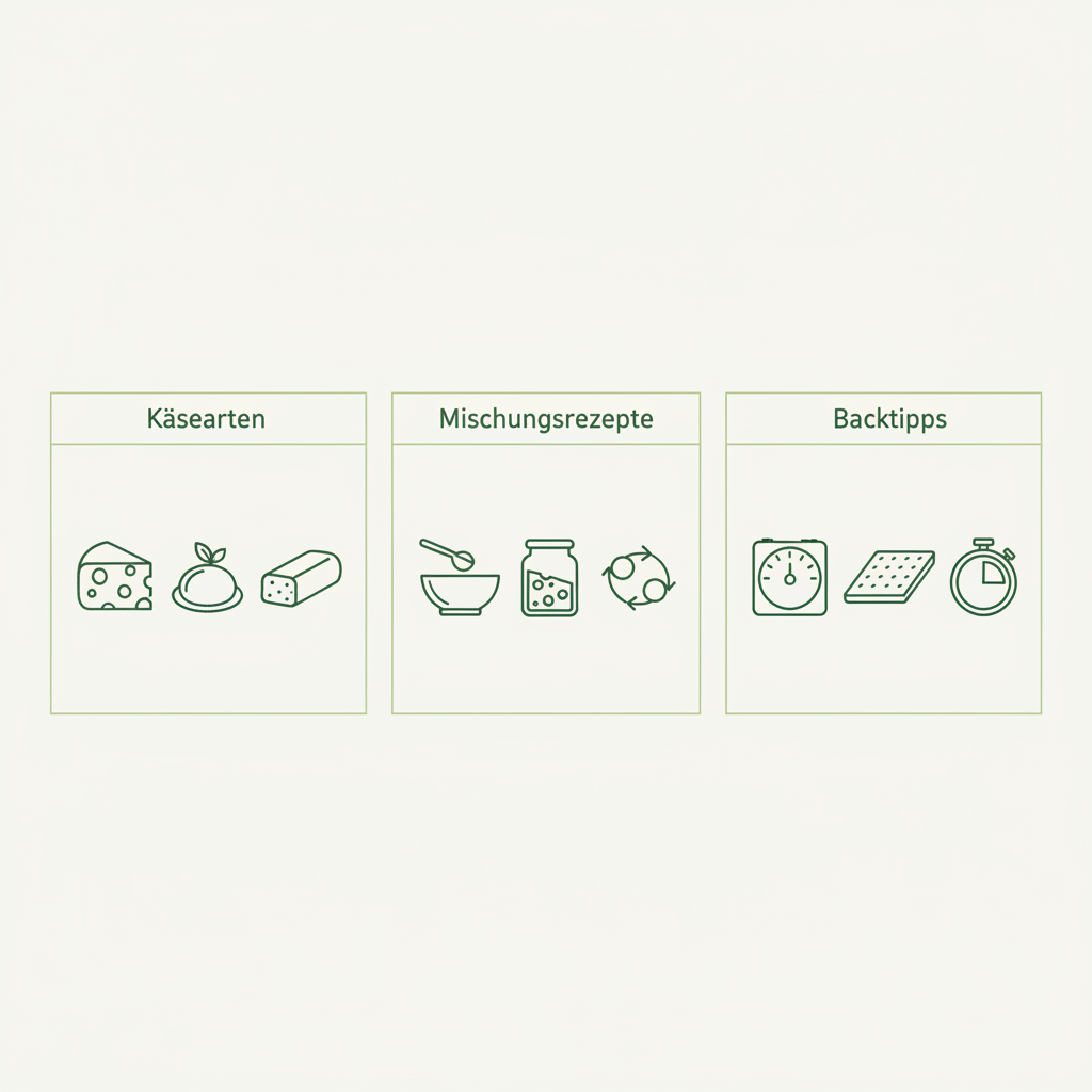 Minimalistische 2D-Vektor-Infografik mit drei Icon-Panels zu Käse für Flammkuchen: Käsearten, Mischungsrezepte und Backtipps in Schnell Lecker Farben