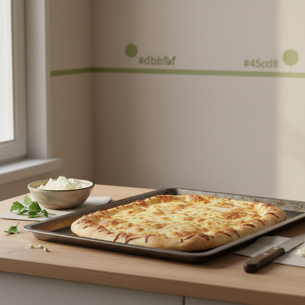 Frisch gebackener Flammkuchen mit sichtbarem Käse – Käse für Flammkuchen auf vorgeheiztem Backblech in minimalistischer europäischer Küche, warme neutrale Beleuchtung