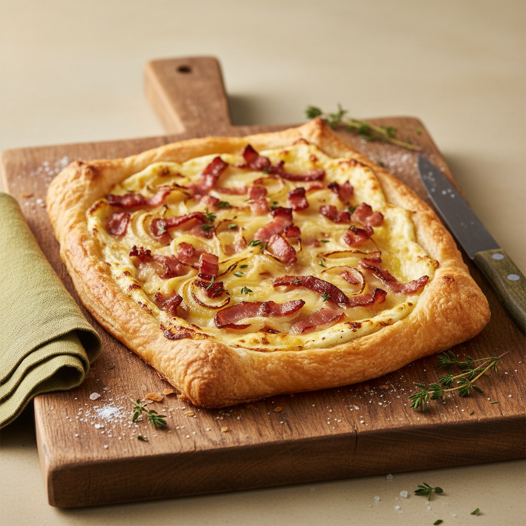 Nahaufnahme eines frisch gebackenen, goldbraunen Flammkuchens mit Blätterteig auf rustikalem Backbrett, warme Tageslichtstimmung, cleanes Layout, Markenfarben #dbdbcf #a5cd8d #21431f