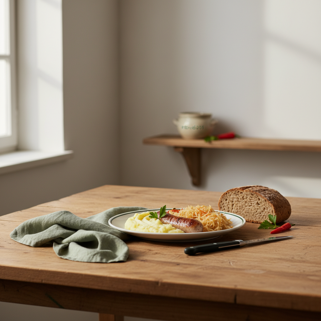 Minimalistisches, warmes Küchen-Set mit Teller traditioneller Speisen und Markenakzenten – ideal für beste deutsche Gerichte, helles Hintergrund- und Holz-Setting.