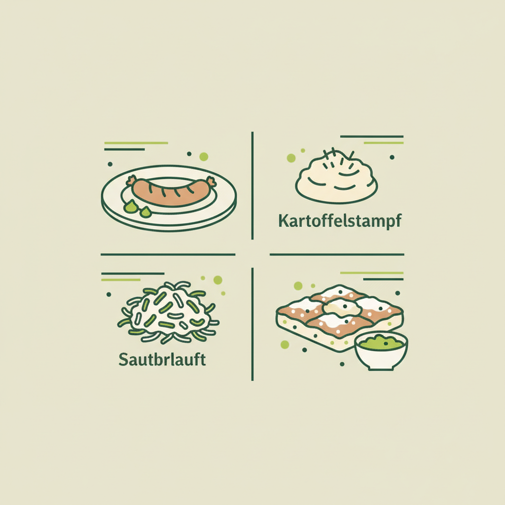 Minimalistische 2D-Vektor-Infografik mit stilisierten Icons typischer deutscher Gerichte im Schnell Lecker Farbstil auf hellbeigem Hintergrund – beste deutsche Gerichte