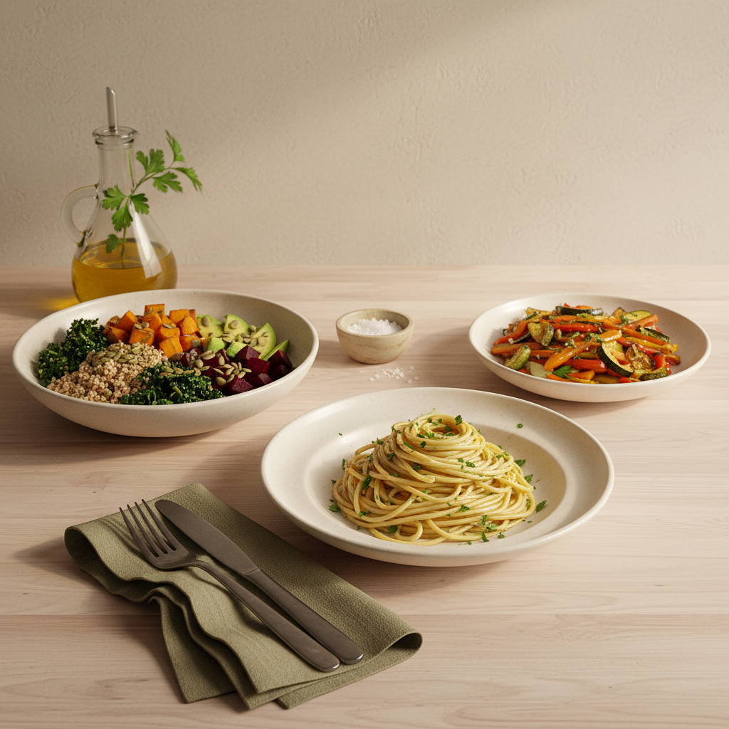 welche 5 gerichte gibt es? realistisches, gemütliches küchenstillleben mit spaghetti aglio e olio, buddha bowl und geröstetem gemüse vor minimalem hintergrund #dbdbcf, dezente akzente #a5cd8d