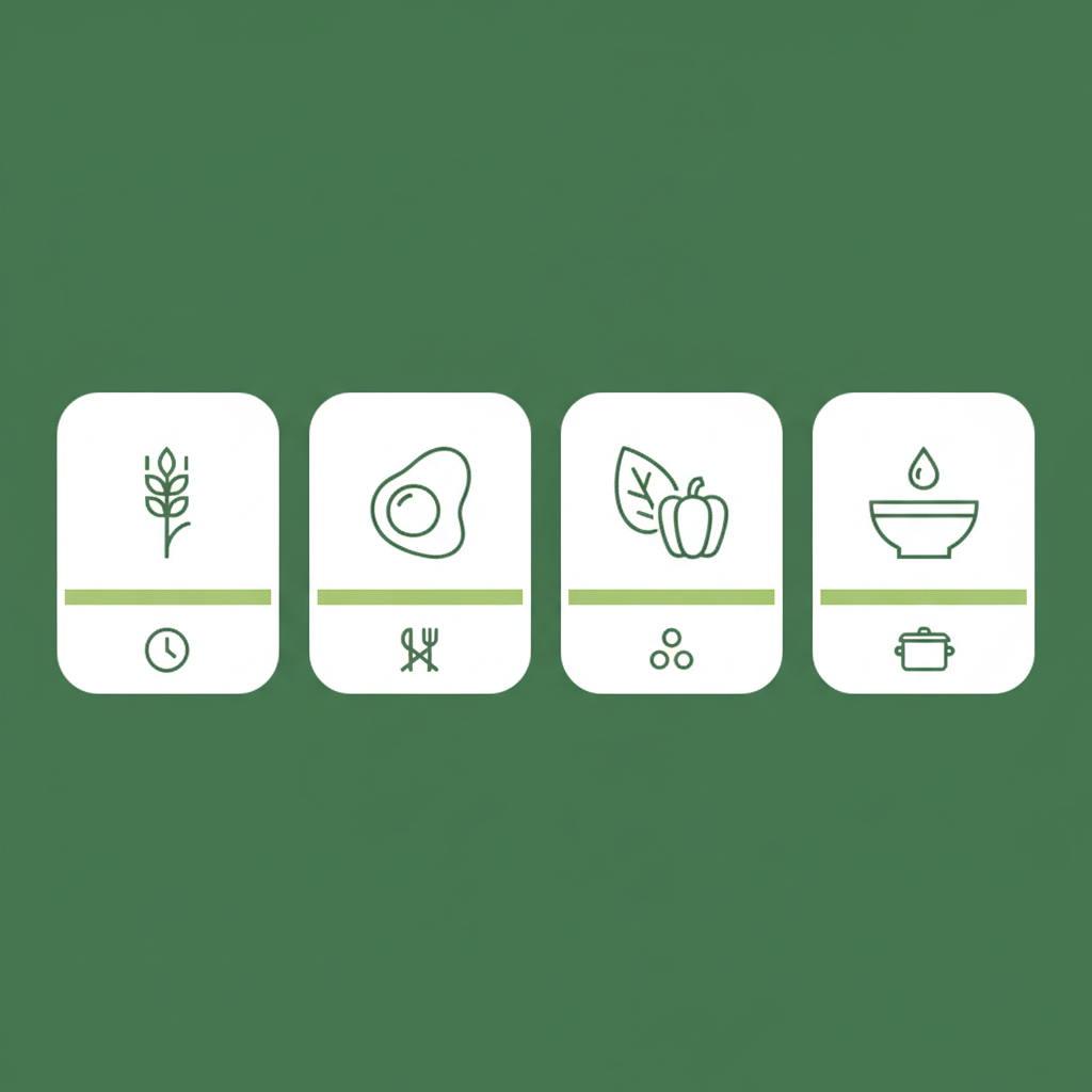 Minimalistische 2D-Vektor-Infografik mit Icons für Getreide, Protein, Gemüse und Soße als Bausteine des schnellen Essens – Illustration für meist gegessene Gericht.