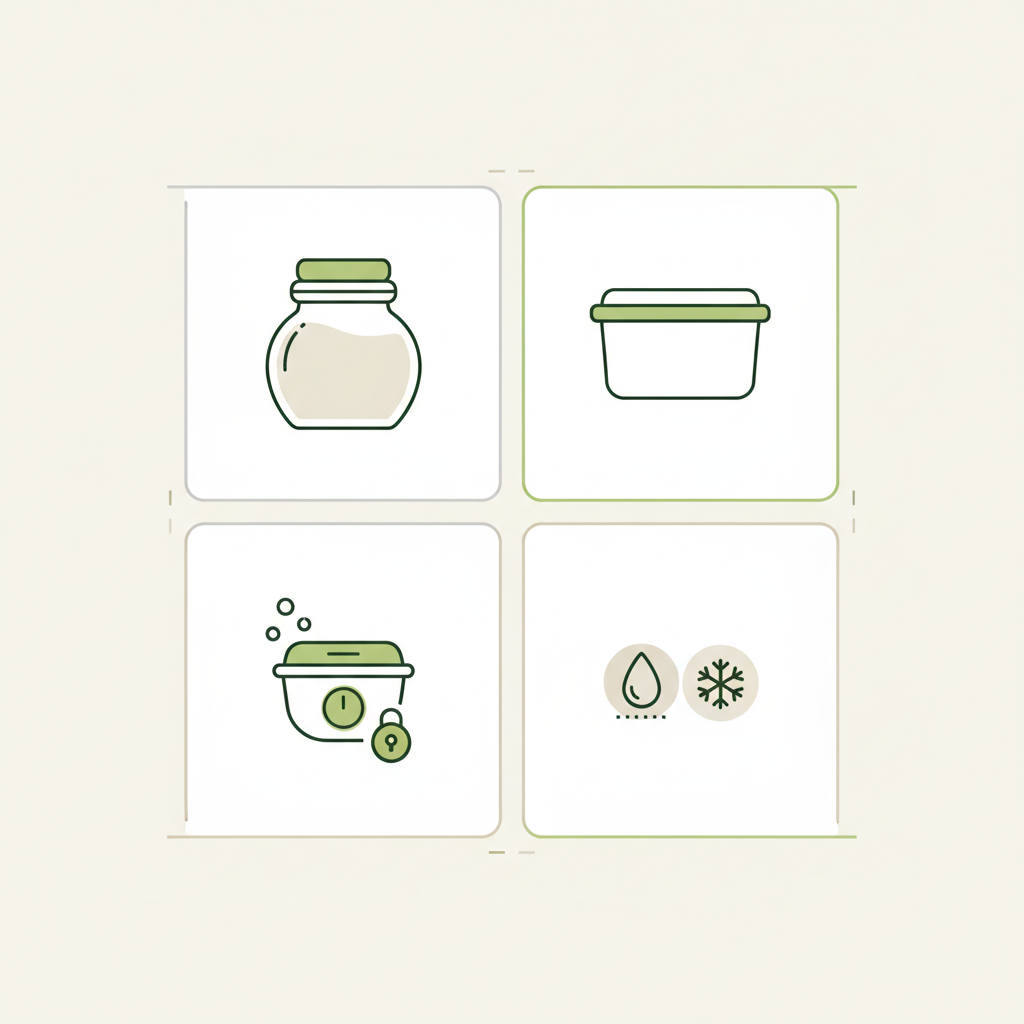 Minimalistische 2D-Vektor-Infografik zum Kekse aufbewahren: Glas vs Plastik, luftdicht, Feuchtigkeitsregler und Einfrieren, in Markenfarben Schnell Lecker.
