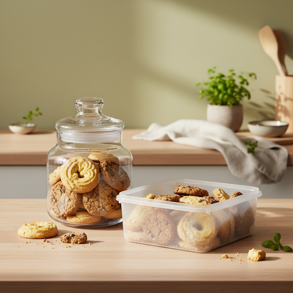 Kekse aufbewahren in offenen Glas- und Plastikdosen auf einem hellen Holztisch in einer heimeligen, minimalistischen Küche mit #dbdbcf Hintergrund und grünen Akzenten.