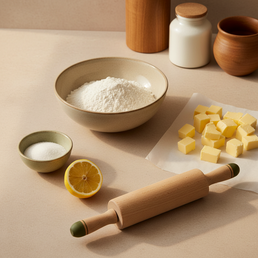 Zutaten für Mürbteigkekse auf minimalistischem hellbeigen Hintergrund: Schüssel Mehl, kalte Butterwürfel auf Backpapier, Zucker, Zitrone und Nudelholz.