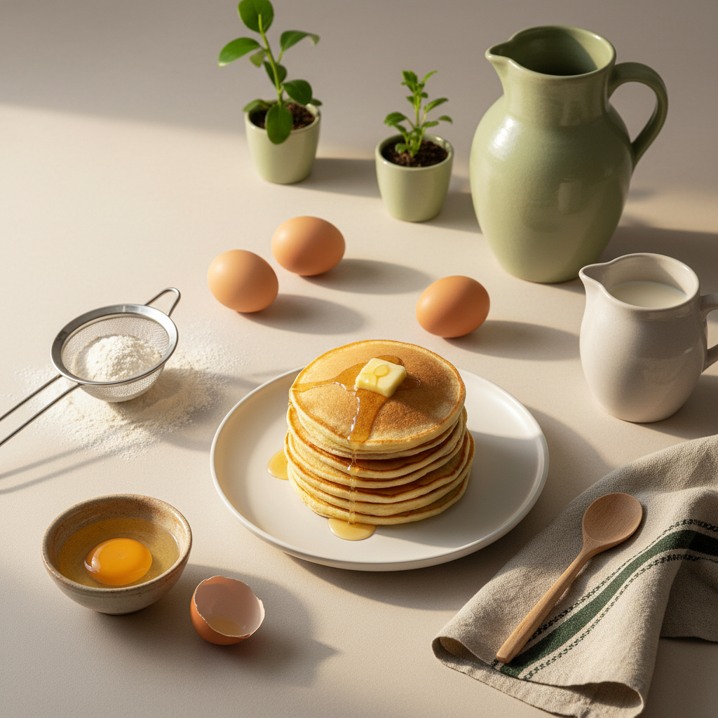 Wie viele Eier braucht man für Pancakes? Vollbild einer heimeligen europäischen Küche mit gestapelten Pancakes, Eiern, Mehl, Milch und dezenten grünen Akzenten.