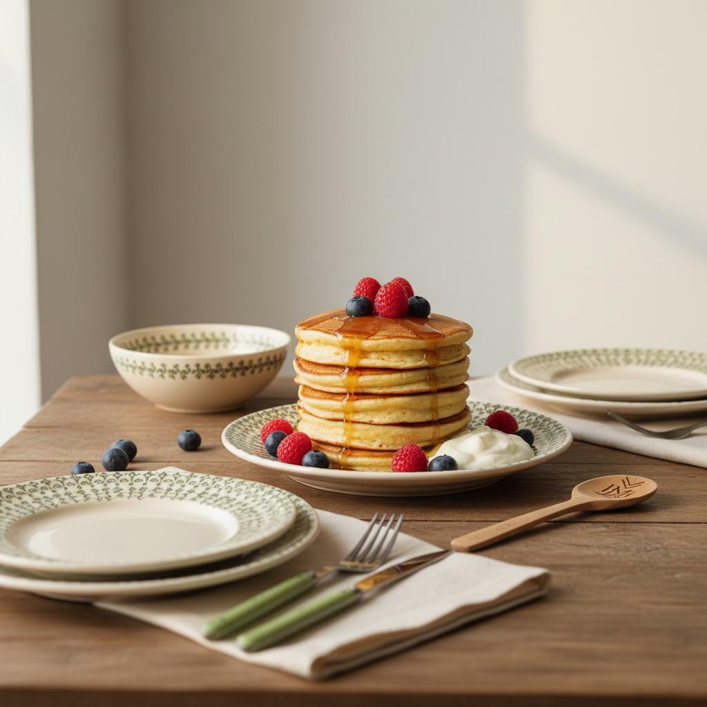 Vollbildfoto eines fluffigen Pfannkuchenstapels mit Sirup und Beeren auf Holztisch in warmer, minimalistischer Küche mit ungarisch-rumänischen Geschirr-Akzenten, Pancakes auf Deutsch