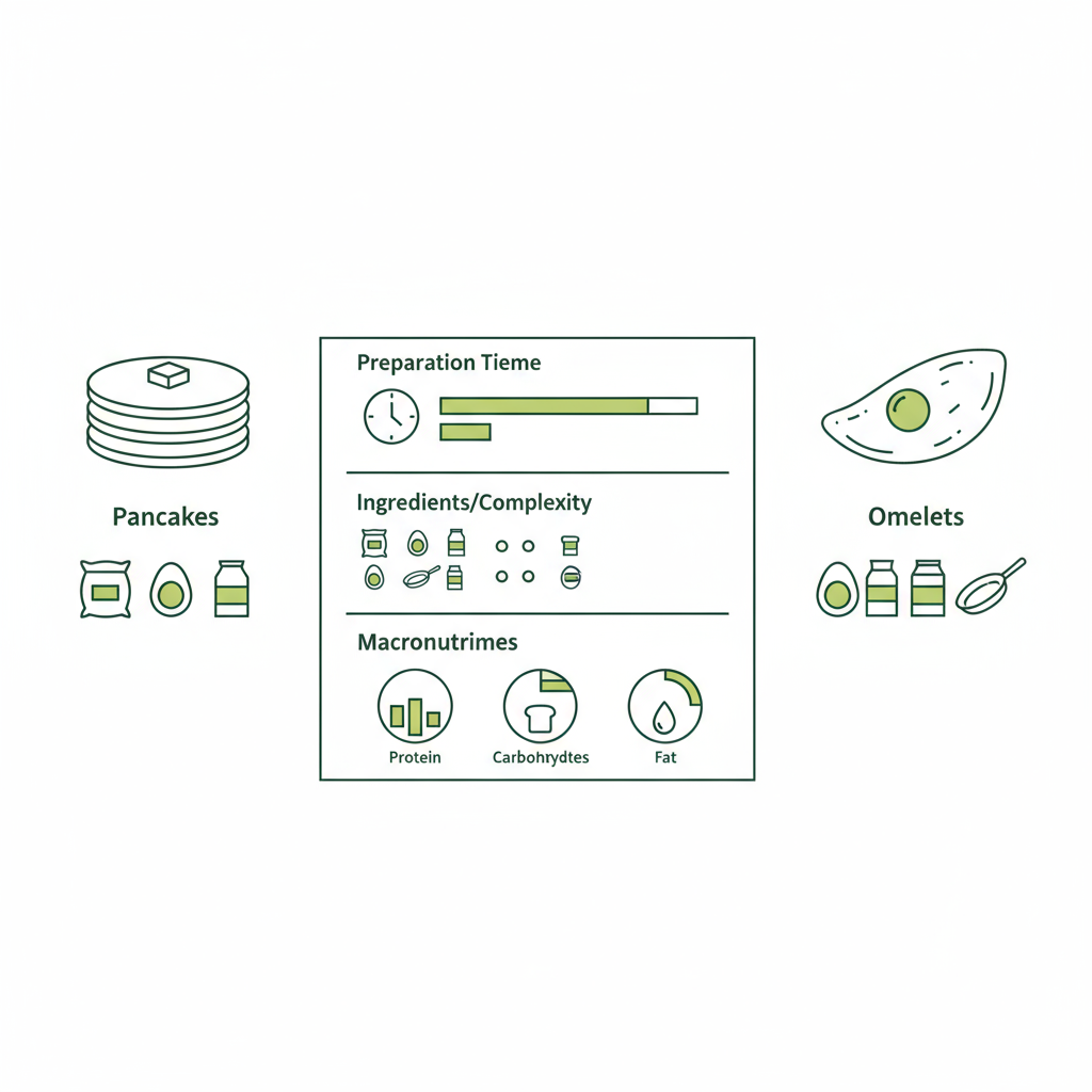 Minimalistische 2D-Vektor-Infografik im Stil von Schnell Lecker, visueller Vergleich Zutaten, Zubereitungszeit und Makros — Unterschied Pancakes und Omeletten