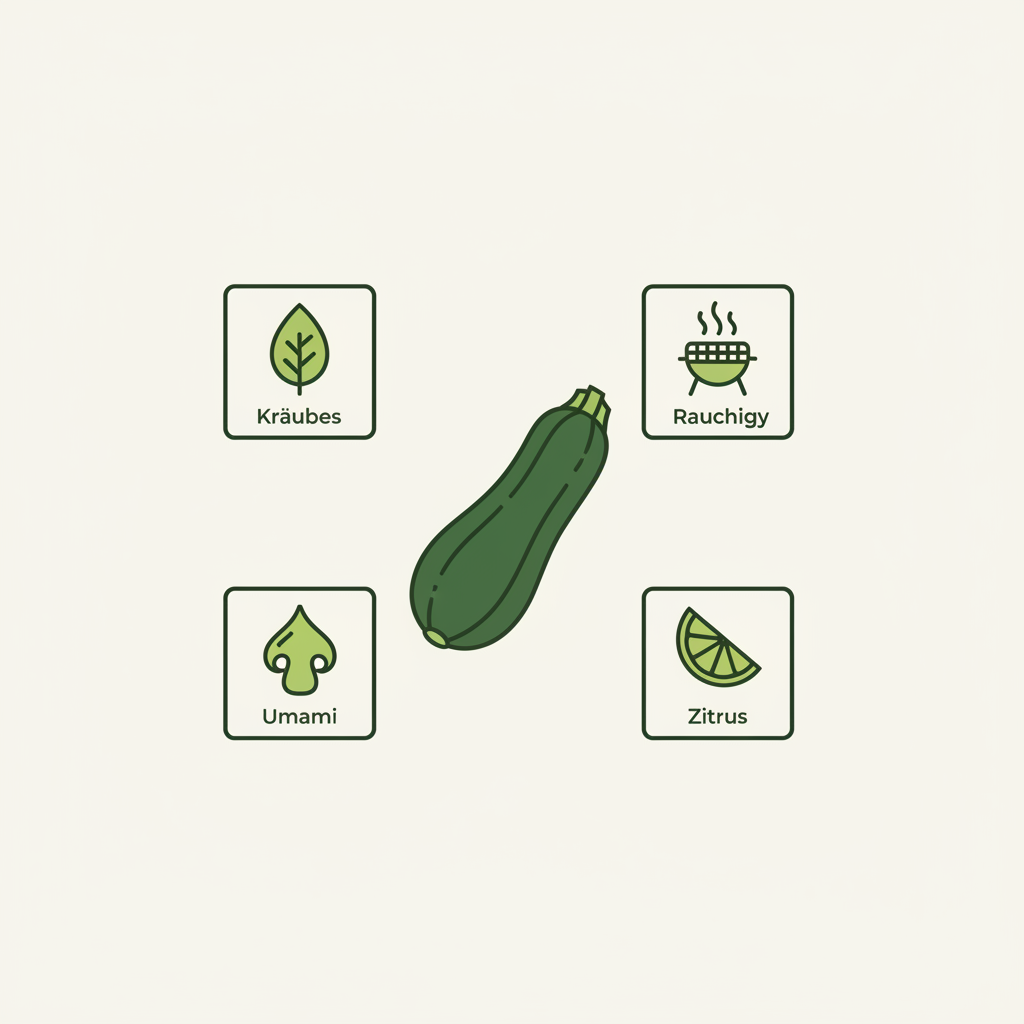 Welche Gewürze passen gut zu Zucchini? Minimalistische 2D-Vektor-Infografik mit Icons für Kräuter, rauchig, Umami und Zitrus auf Hintergrund #dbdbcf.