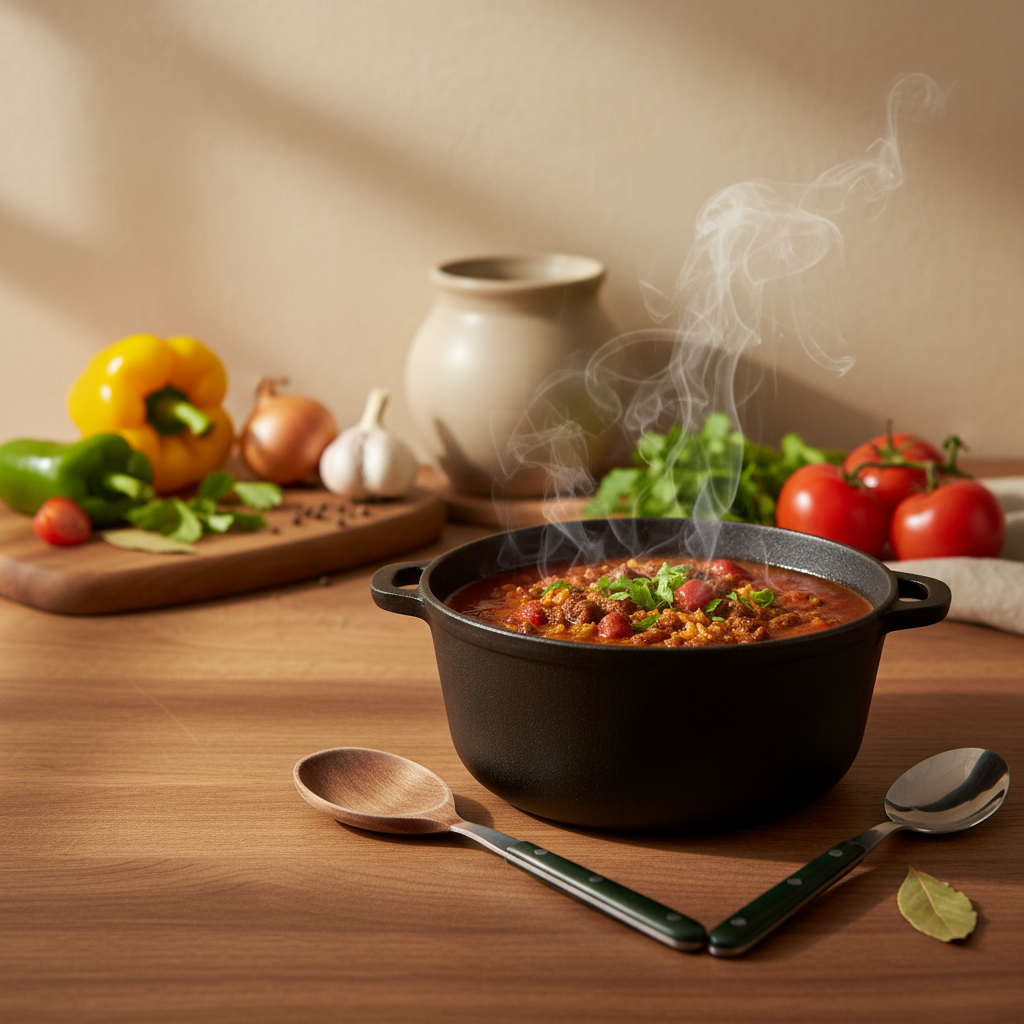 Close-up einer rustikalen Brühe für Chili con Carne in gusseisernem Topf auf Holz, dampfend, mit frischem Gemüse und Kräutern vor hellem #dbdbcf Hintergrund