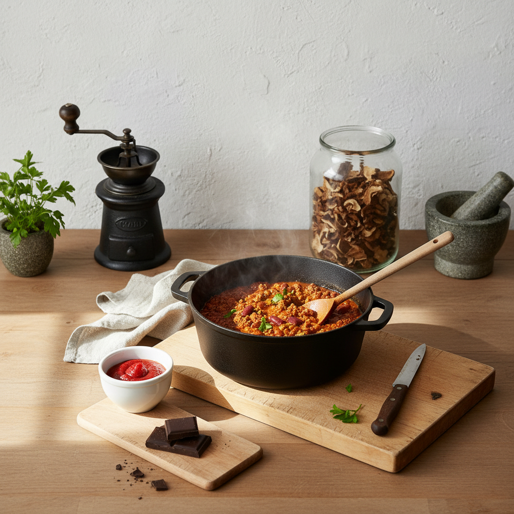Rustikale Nahaufnahme mit Topf Chili auf dem Herd, Tomatenmark in Schale, getrockneten Pilzen im Glas und dunkler Schokolade auf Brett – Chili con Carne, warme Tageslichtstimmung