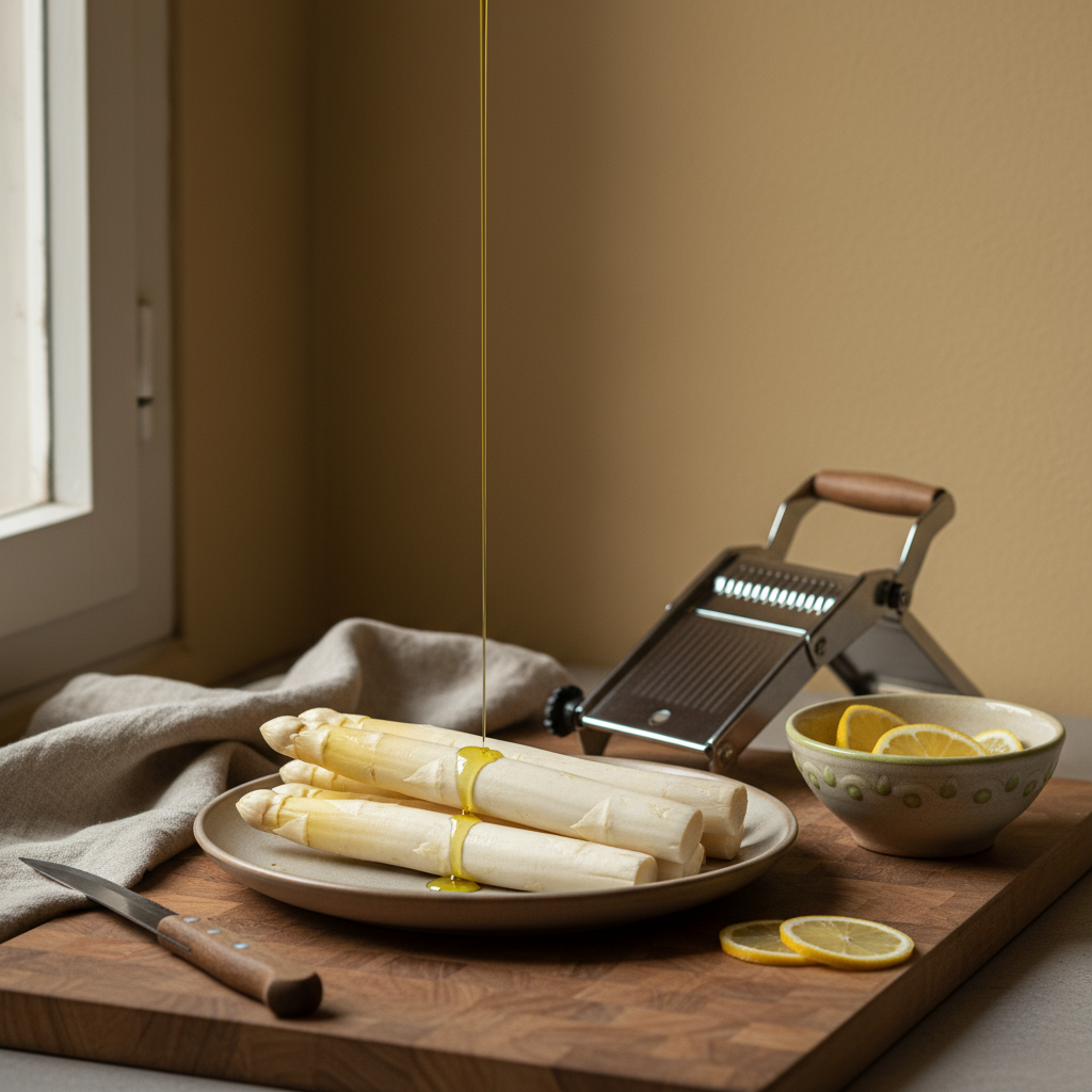 Minimalistisches Stillleben mit roher weißer Spargel auf Keramikteller, Mandoline, Zitronenscheiben und Olivenöl vor Hintergrund #dbdbcf, subtile Akzente #a5cd8d und #21431f.