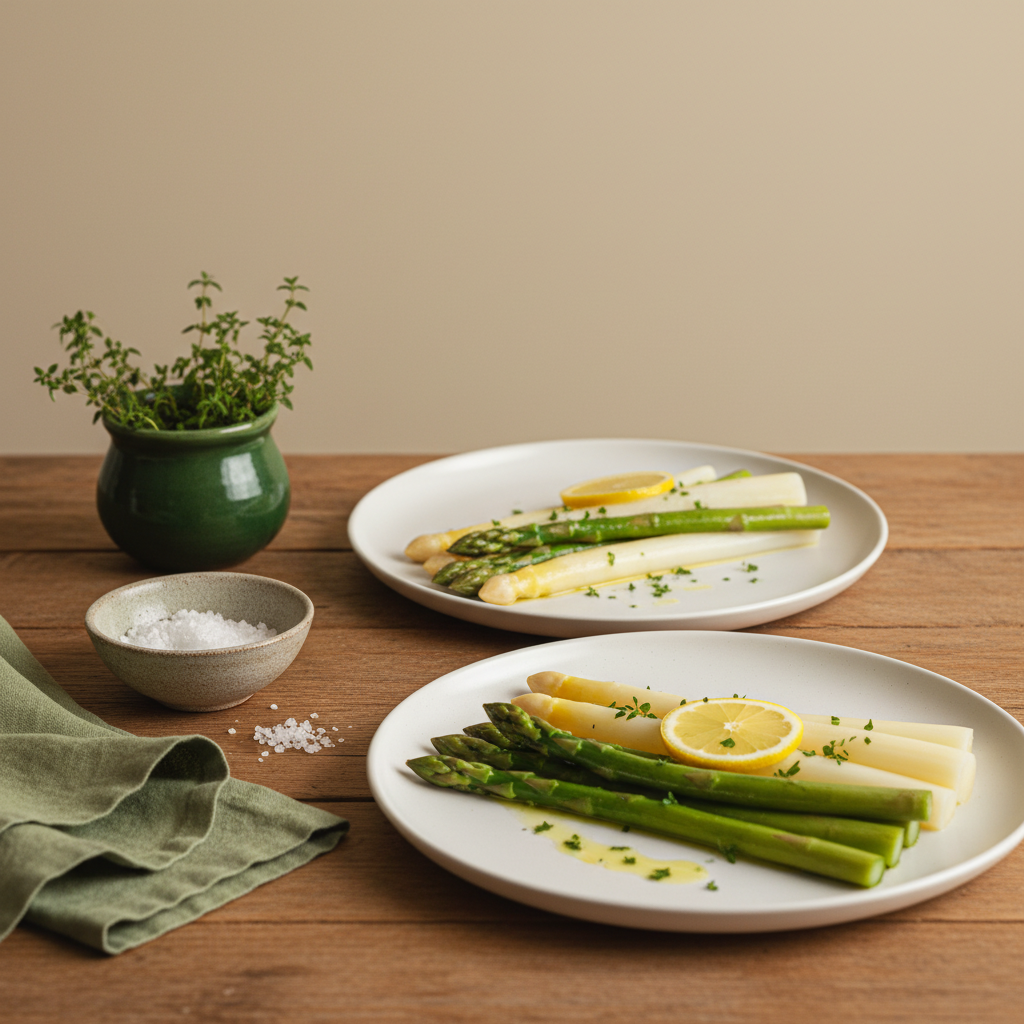 Spargel einfrieren: Nahaufnahme von Tellern mit gedünstetem grünem und weißem Spargel auf Holztisch, minimalistisches, warmes Küchen-Setup in Markenfarben.