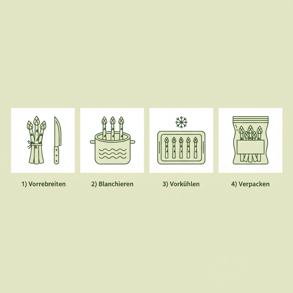 Minimalistische 2D-Vektor-Infografik mit vier Icons, die Schritte zum Spargel einfrieren zeigen: vorbereiten, blanchieren, vorkühlen, verpacken, frische Markenästhetik.