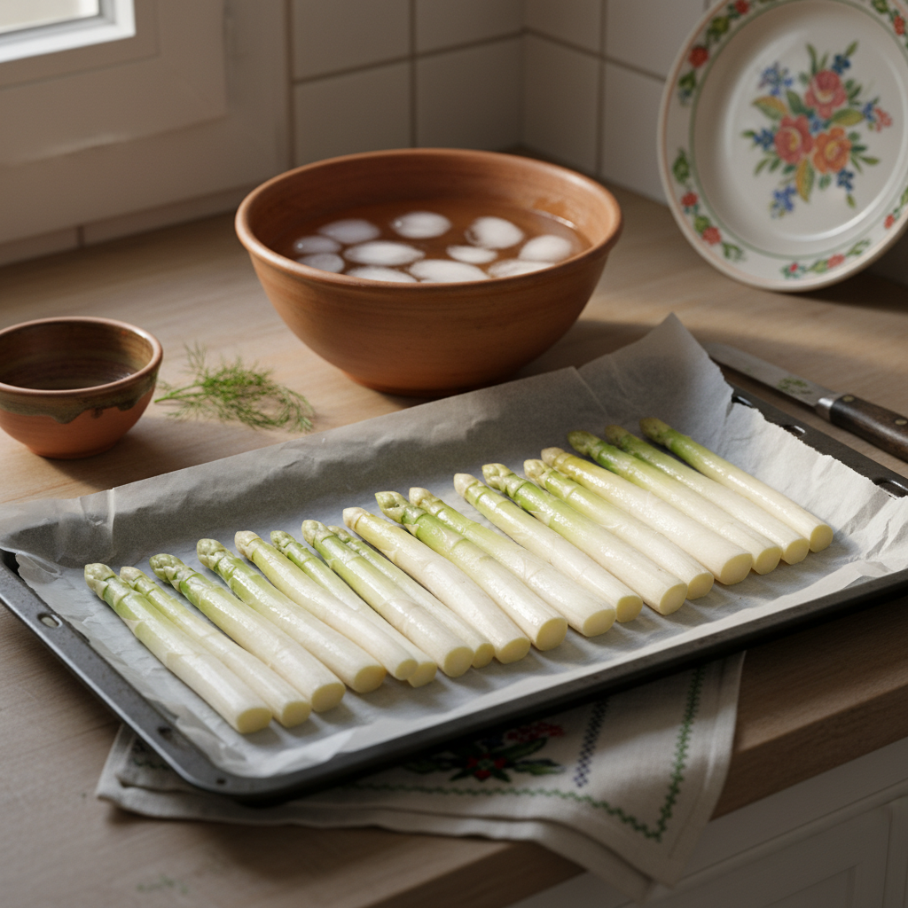 Spargel einfrieren: Nahaufnahme von weißem und grünem Spargel auf Backblech mit Backpapier, Eiswasser-Schüssel im Hintergrund, warmes minimalistisches Küchenambiente.
