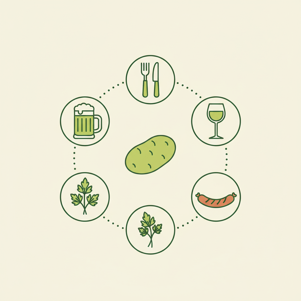 Minimalistische 2D-Vektor-Infografik mit Icons (Kartoffel, Besteck, Bier, Wein, Bratwurst, Kräuter) als visuelle Beilagen zu Kartoffelsalat in Markenfarben