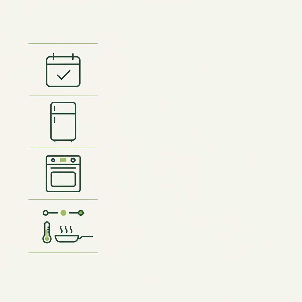 Minimalistische 2D-Vektor-Infografik zu Königsberger Klopse mit Meal-Plan-, Kühlschrank-, Ofen-, Zeitleisten- und Aufwärm-Icons in Schnell Lecker Markenfarben