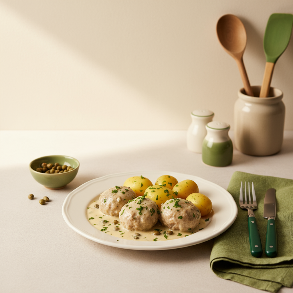 Teller mit Königsberger Klopse in heller Kapern-Sahnesoße, Salzkartoffeln und Petersilie auf minimalistischem Küchentisch, warmes Tageslicht, Hintergrund #dbdbcf.