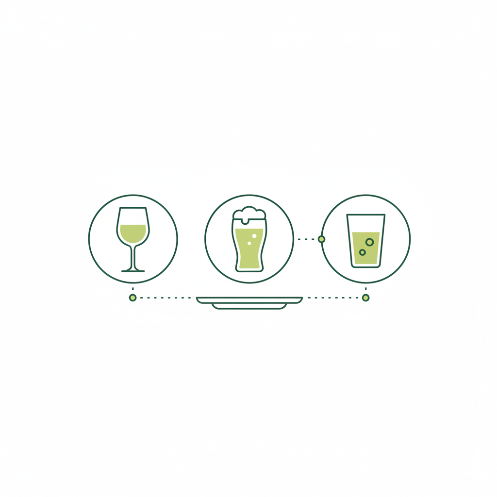 Minimalistische 2D Vektor-Infografik mit Icons für Getränke zu Königsberger Klopse: Weißwein, Bier, Mineralwasser; Hintergrund #dbdbcf, Akzent #a5cd8d, Kontur #21431f