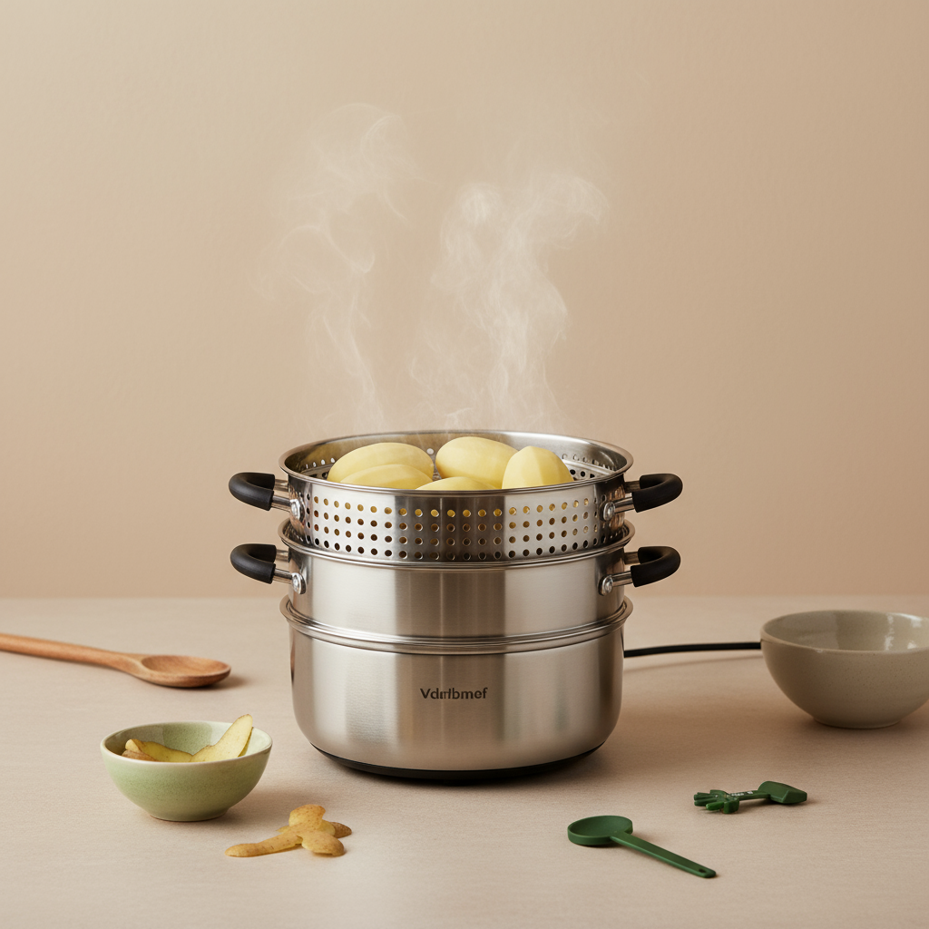 Thermomix Kartoffeln schälen – Varoma-ähnliche Garschale mit frisch geschälten, dampfenden Kartoffeln in minimalistischer, heimischer Küche in Markenfarben #dbdbcf und #a5cd8d