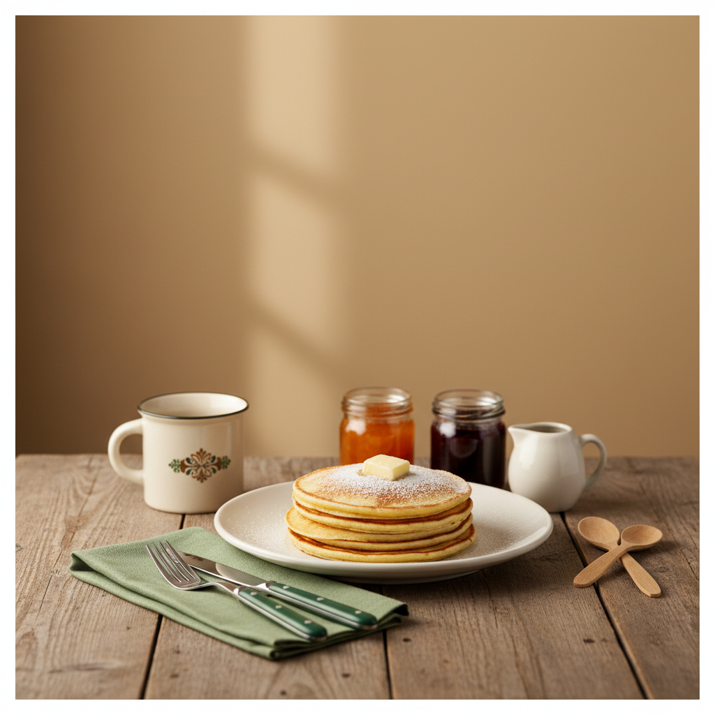 Wie nennt man Pancakes noch – realistisches, minimalistisches Frühstücksbild mit gestapelten Pancakes, Marmeladengläsern und Sirup auf rustikalem Tisch, Hintergrund #dbdbcf, Akzent #a5cd8d