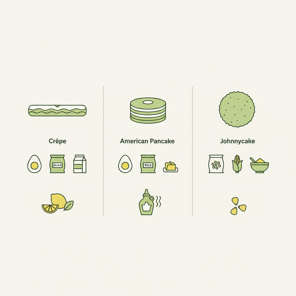 Minimalistische Vektor-Infografik zeigt Unterschiede (Dicke, Zutaten, Toppings) zwischen Crêpes, American pancakes und Johnnycake – Wie nennt man Pancakes noch