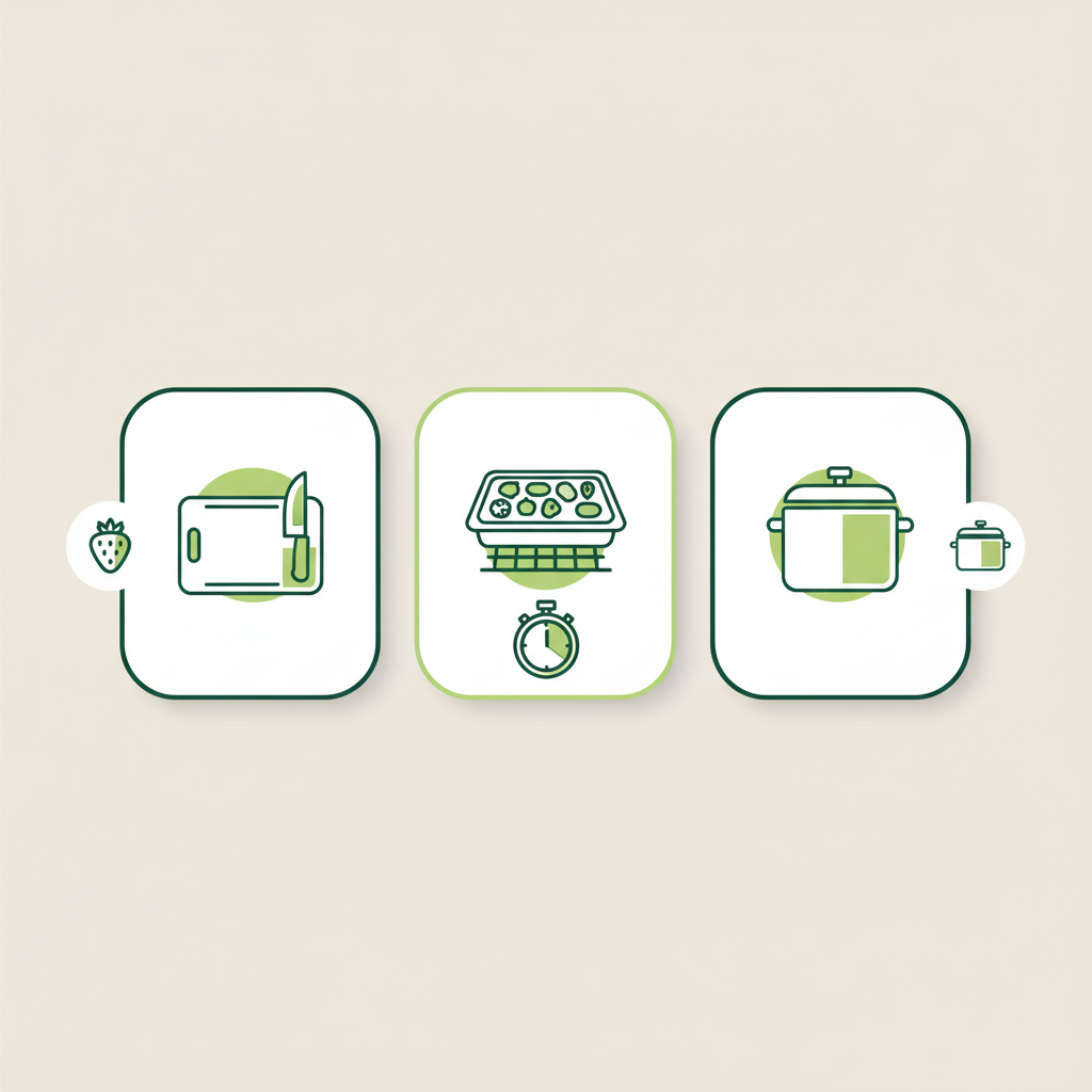 2D-Infografik mit minimalistischen Icons zu Koch-Tipps (Mise en Place, Ofenblech, Schnellkochtopf) plus Erdbeer-, Timer- und Topf-Icon. Ist die Erdbeere eine Frucht oder eine Nuss?