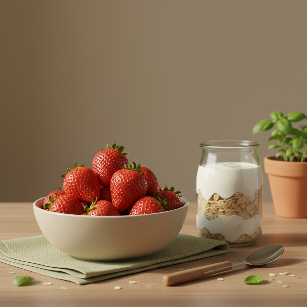 Schale mit frischen Erdbeeren neben Joghurt und Haferflocken auf minimalistischem Küchentisch vor #dbdbcf Hintergrund – Erdbeeren gesund, nahrhaft und appetitlich.
