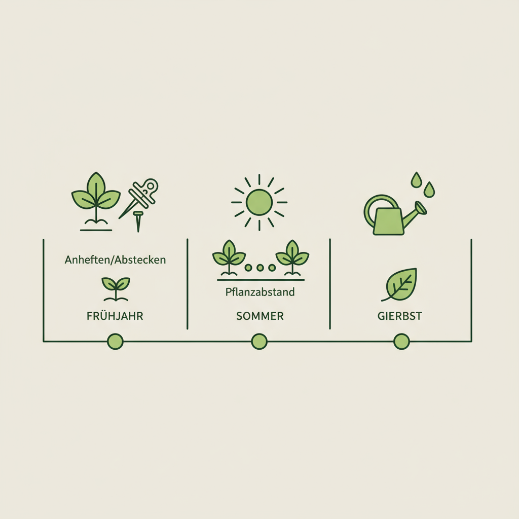 Minimalistische 2D-Vektor-Infografik mit Zeitleiste (Frühjahr–Sommer–Herbst) und Piktogrammen für Erdbeer-Ableger: Anheften, Pflanzabstand und Gießen.