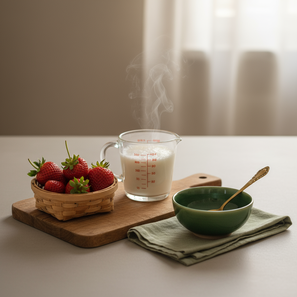 Nahaufnahme eines minimalistischen Frühstücks mit Erdbeer-Ableger im Körbchen auf Holzbrett, Glas-Messbecher und leichtem Dunst vor Hintergrund #dbdbcf