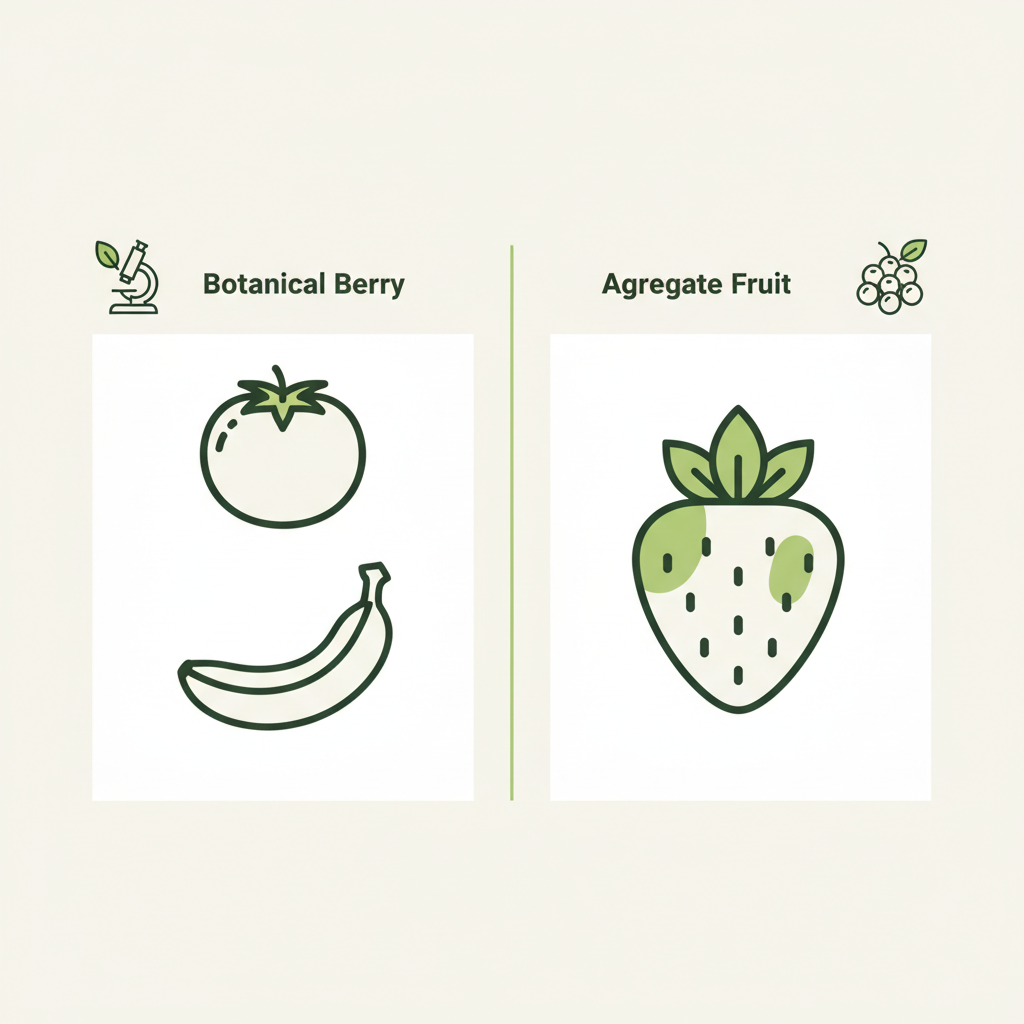 Minimalistische 2D-Vektorinfografik: Banane Beere neben Tomate (botanische Beeren) und Erdbeere (Sammelfrucht) auf hellem Schnell Lecker Hintergrund