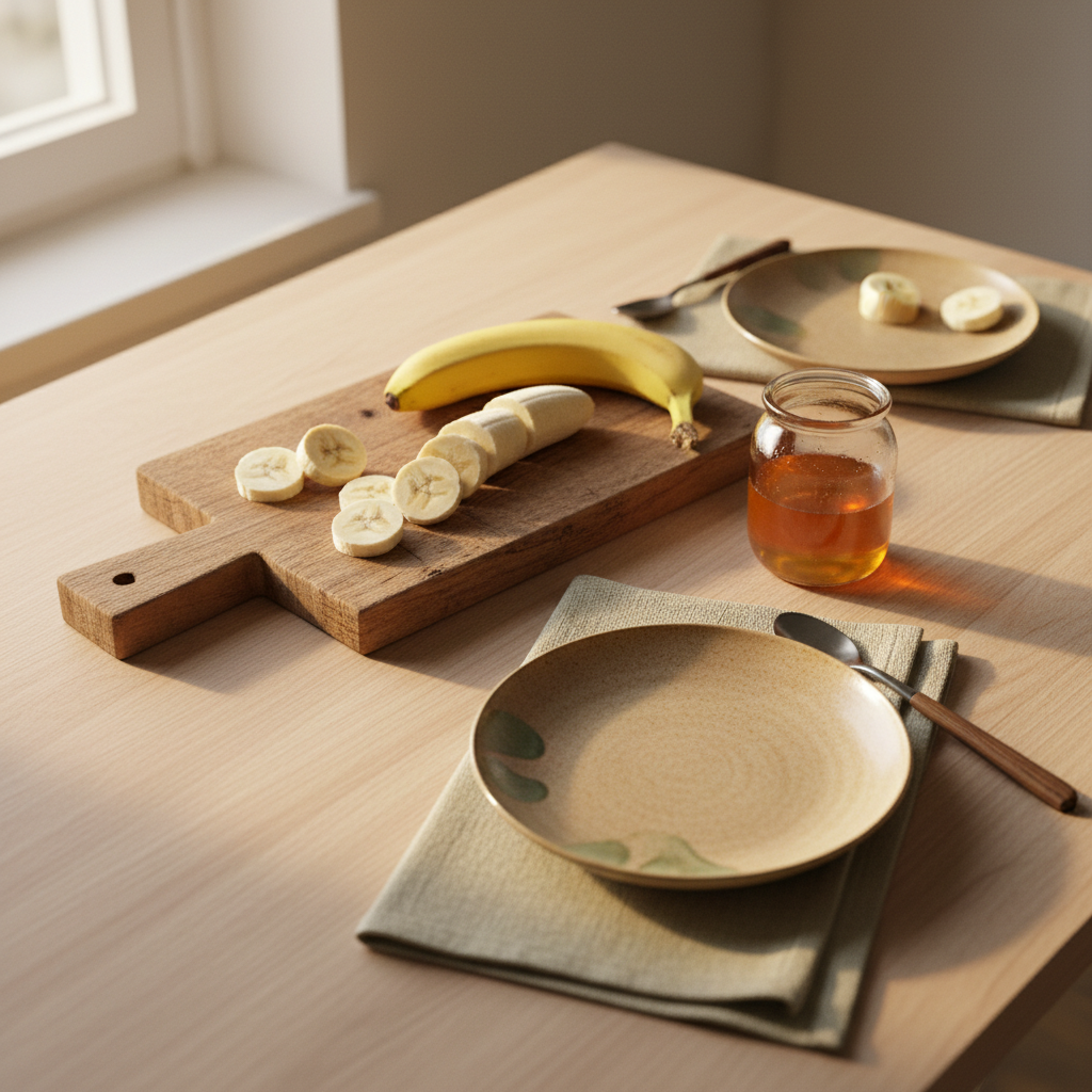 Warme, minimalistische Tischszene mit Banane Beere: Holzschneidebrett mit ganzen und geschnittenen Bananen, kleines Honigglas und rustikale Teller vor Hintergrund #dbdbcf mit Akzenten #a5cd8d