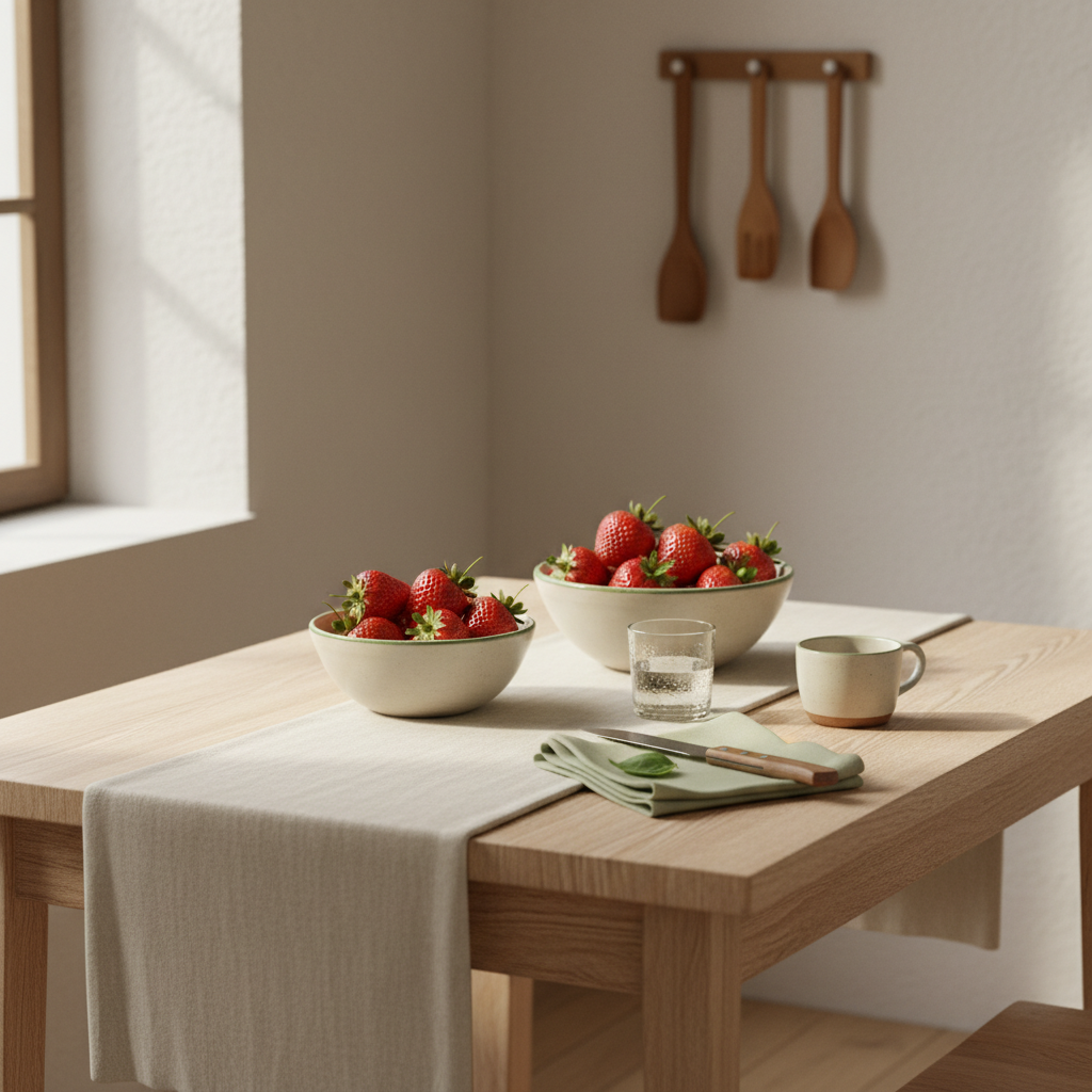 Heimeliges, realistisches Tischarrangement mit Schalen Erdbeeren, warme Lichtstimmung, Hintergrund #dbdbcf und Akzent #a5cd8d – Erdbeeren pflanzen