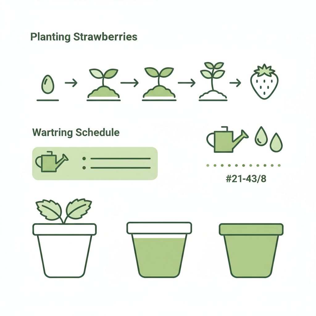 Minimalistische 2D-Vektor-Infografik zum Erdbeeren pflanzen mit Pflanzzeitachse, Gieß-Symbolen und drei Topfgrößen in Markenfarben