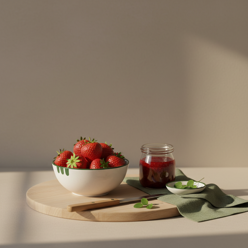 Stillleben mit Erdbeeren in Keramikschale auf Holzbrett, Marmeladenglas und dezenter grüner Serviette in minimalistischer Küche – Erdbeeren pflanzen