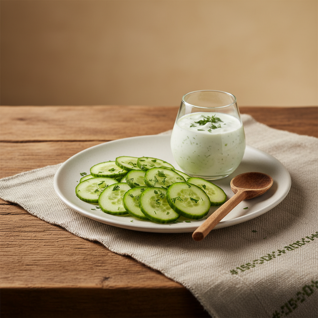 Ist die Gurke eine Beere? Nahaufnahme einer rustikalen Tischplatte mit Gurkenscheiben, Joghurt‑Dip im Glas und frischen Kräutern, warme heimische Stimmung.
