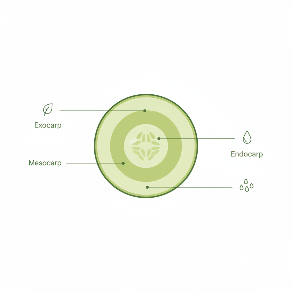 Minimalistische 2D-Vektor-Infografik eines Gurken-Querschnitts mit Exokarp, Mesokarp und Endokarp in Markenfarben. Ist die Gurke eine Beere