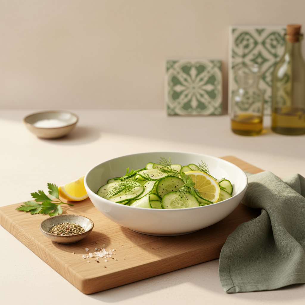 Ist die Gurke eine Beere: Heimelige, realistische europäische Küchenszene mit Gurkensalat und frischen Kräutern auf minimalistischem Tisch vor Hintergrund #dbdbcf, Akzent #a5cd8d