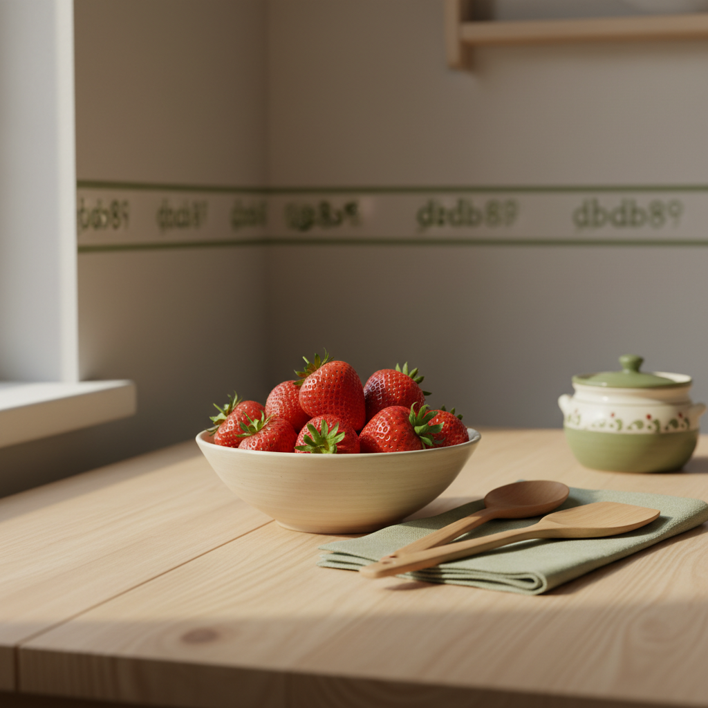 Frische Erdbeeren in einer schlichten Keramikschale auf hellem Holztisch, warmes heimisches ungarisch/rumänisches Küchen-Setup mit dezenten Grüntönen.